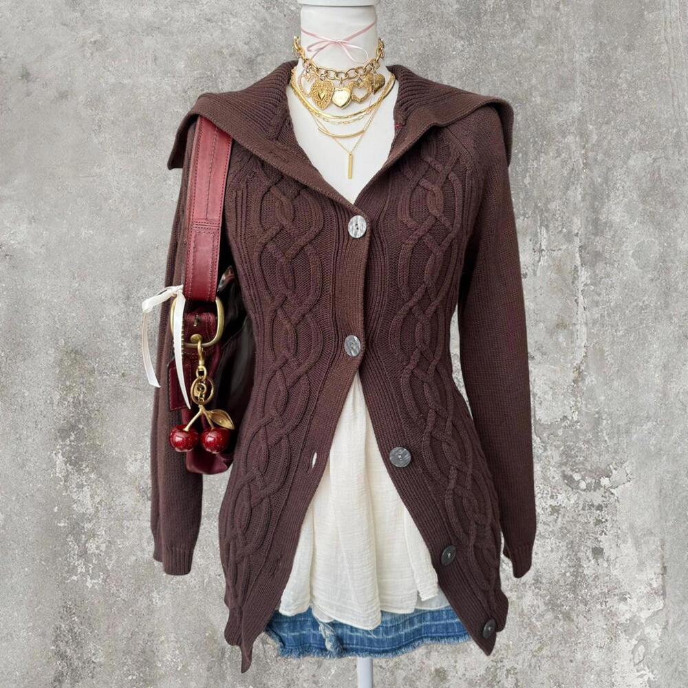 fitted cozy coquette broke fall knit sweater button up with tie back belt